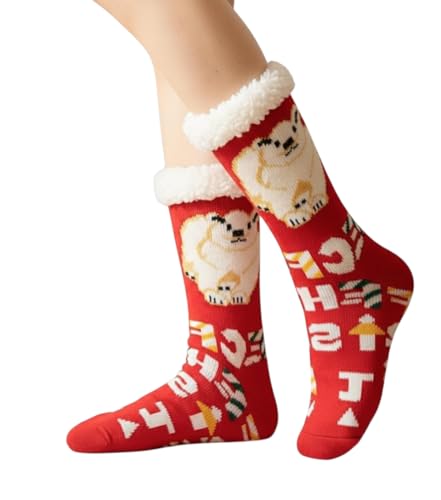 Calcetines Gruesos de Invierno con Oso Polar – Slipper Socks Antideslizantes para Casa – Diseño Navideño Rojo y Blanco, Cálidos y Acogedores – Obsequio Perfecto para Adultos y Niños