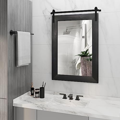 Image of COGOOD Farmhouse Barn Door Mirror - 38 X 25 Rustic Bathroom Mirror for Living Room, Entryway, Vanity Wall Decor (Black)