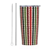 Woshuwo Vaso de rayas verticales rojas y verdes con tapa y popote, 20 onzas, taza de café helado aislada al vacío, taza de viaje reutilizable, botella de agua de acero inoxidable