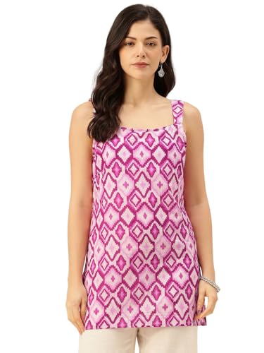 Image of feranoid Women's Printed Sleeveless Short Kurti with Stylish Neck, Backless Design & Side Slits (XS-XL)