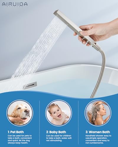 Grifo para bañera Airuida con caño de cascada y ducha manual - Níquel cepillado, monomando, válvula de instalación incluida, montaje en pared miniatura 4