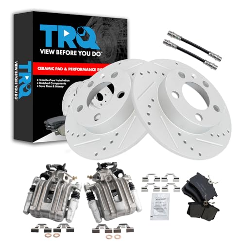 Image of TRQ Performance Rear Brake Pad and Rotor Set Ceramic Slotted Drilled Coated Rotors Calipers Compatible with 2007-2010 Volkswagen Beetle 1999 Golf
