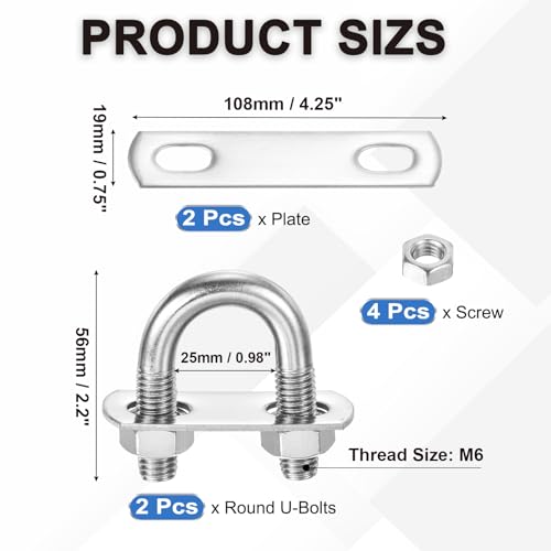 Image of PATIKIL Round U-Bolts, 2 Pcs 0.98 inch(25mm) Inner Width 56mm Length M10 with Nut Plate Washer 304 Stainless Steel Round Bend U-Bolts for Boat Trailer Axle Sailboat