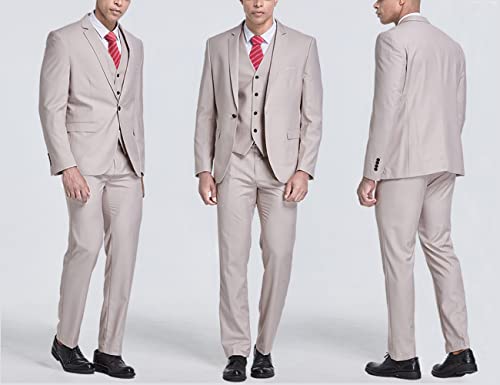 My's Men's 3 Piece Slim Fit Suit Set, One Button Solid Jacket Vest Pants With Tie Beige #TOP3