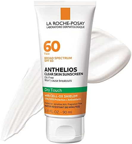 La Roche-Posay Anthelios Clear Skin Sunscreen Dry Touch SPF 60, Oil Free Sunscreen For Face, Oil Absorbing, Broad Spectrum SPF + Antioxidants, Non-Greasy, Oxybenzone Free, Travel Size