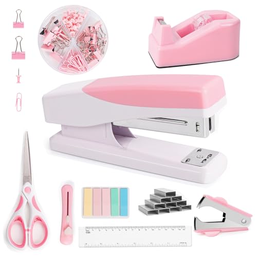 Benjojo Pink Desk Accessories Set for Women, Stapler and Tape