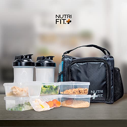 NUTRIFIT Meal Prep Bag for the Active Live Style with 6 food Containers, Shakers, and Vitamin Carrier Black
