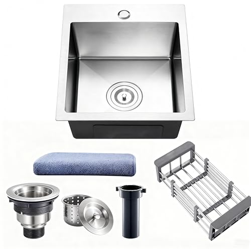 15 Inch Drop In Bar Sink, 15x15 Inch Topmount RV Small Kitchen Sink, 16 Gauge Handmade 304 Stainless Steel Bar Sinks, Outdoor Single Bowl Sinks with Strainer, Towel, Telescopic Basket
