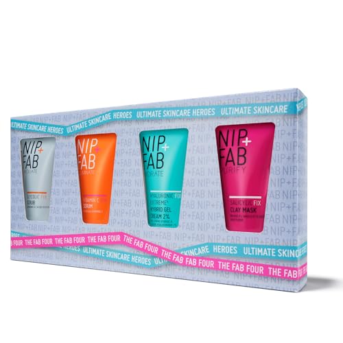 NIP+FAB The Fab Four Gift Set, Contains 4 Large Deluxe Sized Products, Glycolic Fix Scrub 20ml, Vitamin C Fix Serum 20ml, Hyaluronic Fix Hybrid Gel Cream Moisturiser, Salicylic Fix Clay Mask 20ml