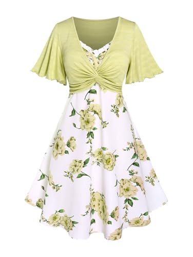 Image of Rosegal Plus Size Women Cottagecore 2PC Floral Sundress Set | Flutter Sleeves Twisted Crop Top, Cottagecore Floral Cami Dress, Vintage Midi Dress Set, Sleeveless Midi Dress