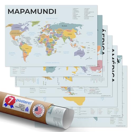 Quarterhouse 7 Poster Spanish-English World Maps Set, Spanish Classroom Learning Materials for K-12 Students and Teachers, 12 x 18 Inches, Made in USA