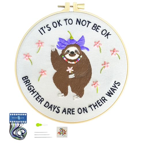 Image of La glaneuse Embroidery Kit for Adult, Beginner Embroidery Kit with Cute and Funny Animal Pattern, Seven Simple Stitches to Get a Positive Sloth, Mental Health and Stress Relief Gift for Him /Her