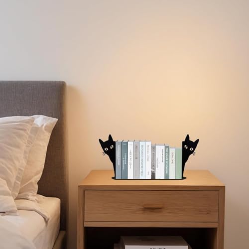 Buchstützen Katzenmotiv – Dekorative Metall-Buchstützen mit Rutschfester Unterseite | Schwarze Katzen-Deko für Bücherregal & Schreibtisch | Originelle Geschenkidee für Katzen- und