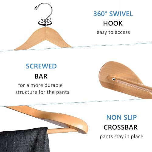 Amber Home 6 Pack Wide Shoulder Wooden Suit Coat Hangers with Non Slip Pants Bar, Solid Wood Jacket Clothes Hangers Smooth Finish for Sweater, Pants, Heavy Clothes (Natural, 6 Pack)