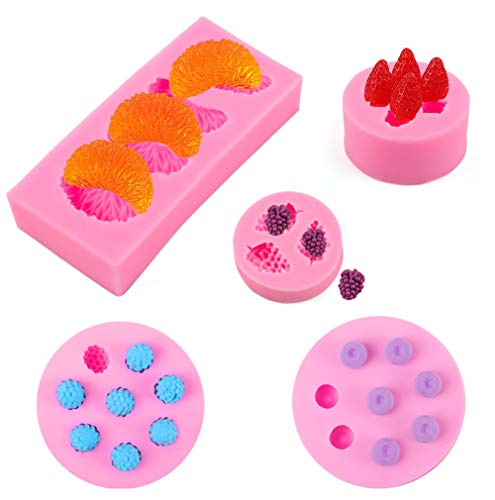 5 Pack Fruit Shaped Silicone Candy Fondant Molds 3D Mini Strawberry Orange Blueberry Raspberry Grape Chocolate Candy Molds Cake Jelly Molds for Baking Cake Cupcake Topper Decorations