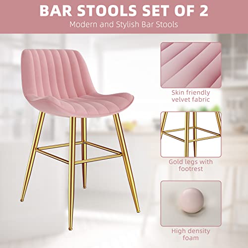 Sucrever Bar Stools Set Of 2, 24" Bar Chairs Velvet Upholstered Counter Height Bar Stools With Back Gold Metal Legs And Footrest, Modern Bar Stools Barstools For Kitchen Counter Bistro Pub, Pink #TOP4