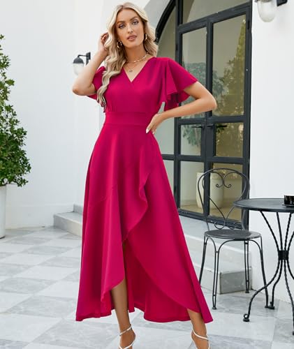 Image of Long Black Formal Dresses for Women Gowns Evening Party Cocktail Dress,Split Elegant V Neck Wrap Ruffle Wedding Guest Dresses