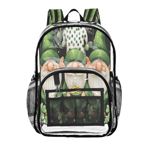 ALAZA Gnome Clover Leaf Patrick's Day Clear Backpack PVC Transparent Bookbag Heavy Duty for Student Boy Girl Kids Adult School Travel Work
