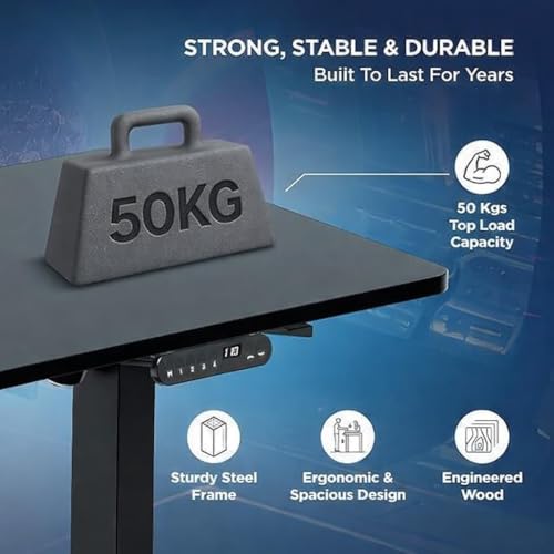 Image of Electric Height Adjustable Standing Desk (4x2 Feet, Black) with 3 Years Warranty - Motorised Sit Stand Study Office Table, Digital Display, 4 Memory Presets, Anti-Collision System, 120x60 cm