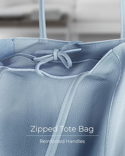 Image of Genuine Italian Leather Tote Bag for Women, Large Slouchy Purse, Denim | Unstructured bag, raw unlined interior with zip pocket, top zipper, side ties, folds flat, fits a 16-inch laptop, lightweight