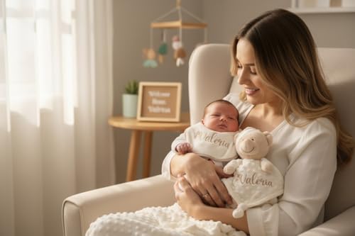 Miniatura 4 de Danielstore Manta Bebé Personalizada Con Nombre Bordado Dou Dou Y Babero Regalo Recién Nacido Original Set Canastilla Bebé Suave Coralina 80x100 Cm Ideal Baby Shower