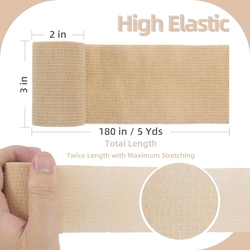 6-Pack Self Adhesive Bandage Wrap 3 Inch x 5 Yards, Elastic Athletic Tape, Tattoo Grip Tape, Non Woven Medical Tape for First Aid, Sports, Wrist, Ankle, Vet Wrap for Pets (Skin-Color) - Thumbnail 3