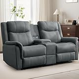 Korser Reclining Loveseat Couch, Loveseat Recliner Sofa with Manual Pull Tab, Reclining Couch with Console, US Outlets, USB Port, and Cup Holders, 2-Seater Performance Fabric Sofa for Living Room, RVs