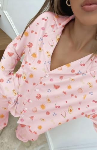 Image of Dressmine Ladies Long Sleeve Cute Pajama Sets 2 Piece Fall Outfits Button Up Pjs Set Loungewear