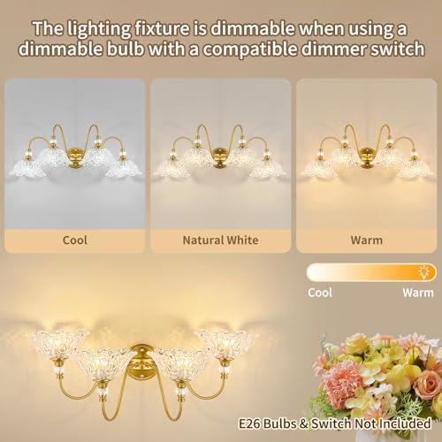 Image of Gold Bathroom Vanity Light, 4-Light Brushed Gold Finish Vanity Light with Floral Clear Glass Shades, Vintage Wall Mount Lighting for Bathroom, Dressing Table