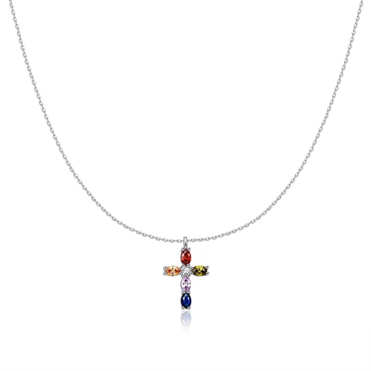 MARLION JEWELS Collar de Plata de Primera Ley (S925) Cruz Decorada con Circonitas de Colores. Colgante acabado en Plata o Baño Oro 18K. Perfecto Regalo Cumpleaños y Día de la Madre. Joyas para mujer.
