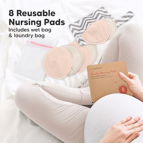 Image of Organic Nursing Pads - 8 Washable Breast Pads for Breastfeeding, Wash Bag, Viscose Derived from Bamboo Reusable Nipple Covers for Breastfeeding Essentials, Soft & Absorbent(Neutrals, L 5 inch)