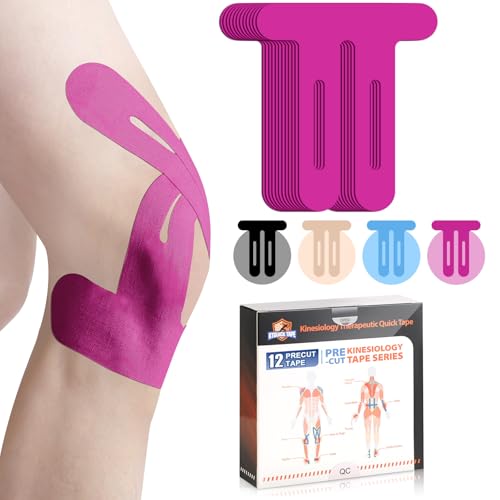 Kinesiology Tape for Knees, 12 Count Pre-Cut Waterproof KTquick Knee Tape for Knee Pain Relief Pre Cut, Original Cotton Athletic Tape, Durable Knee Tape for Sports and Long-Lasting Support (Pink)