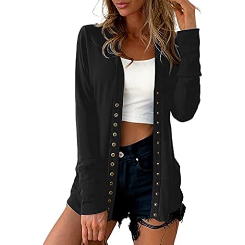 Traleubie Women's Long Sleeve V-Neck Button Down Knit Open Front Cardigan Sweater Black L Cover