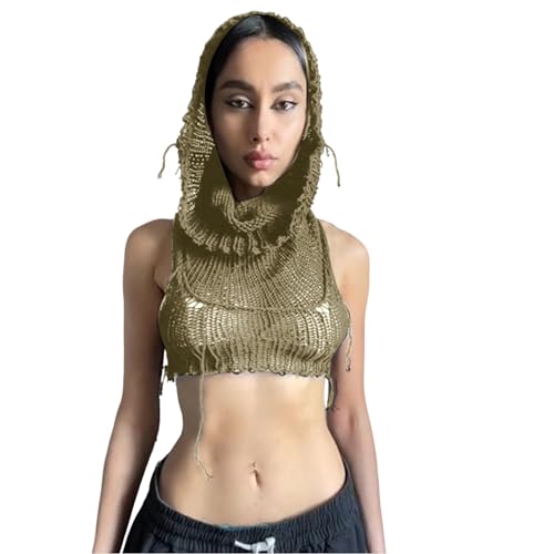 Image of Women's Knitted Hoodie Sweater Vest Sexy Sleeveless Hollow Out Hooded Crop Top Draped Sweatshirt Streetwear