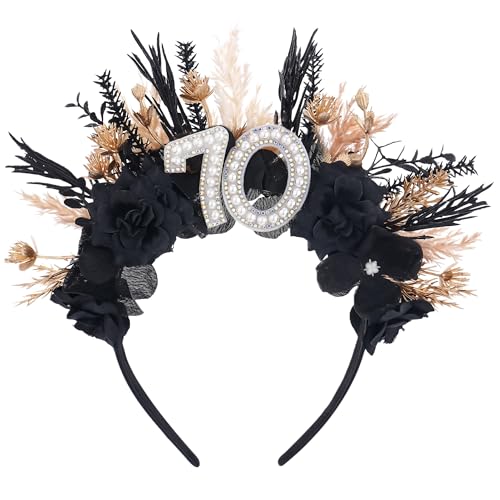 PartyforU Black 70th Birthday Headband for Women - Dark Happy 70th Birthday Hairband Gift for Mom Grandma 70 Years Old Party Decoration Photo Shoot