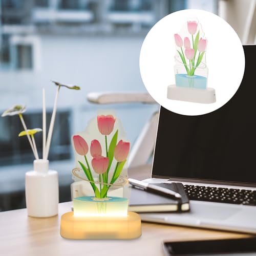 Lámpara de mesa de noche 3D tulipán rosa LED acrílica miniatura 7