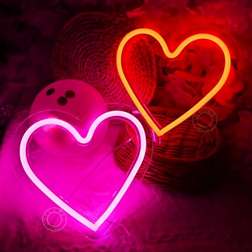 Image of SYLHOME 2 Pack Heart Led Neon Light Sign Battery Operated or USB Powered Bedroom Wedding Wall Sign Decor Valentines Day Christmas Birthday Gifts USB 7.87 inch X 7.28 inch Pink & Red