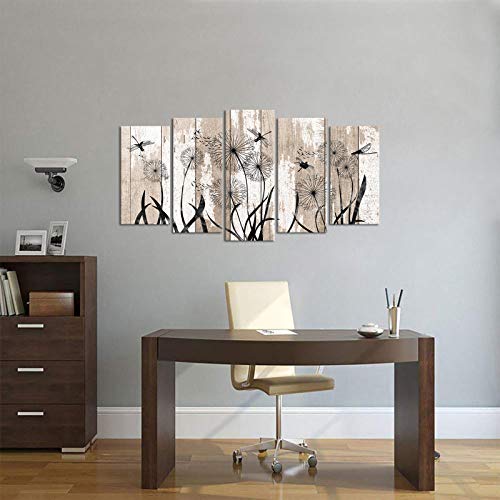 Welmeco 5 Pieces Large Abstract Dragonfly With Dandelion Giclee Print Canvas Wall Art On Rustic Beige Wood Textured Picture Artwork Gift For Home Living Room Bedroom Housewarming #TOP1