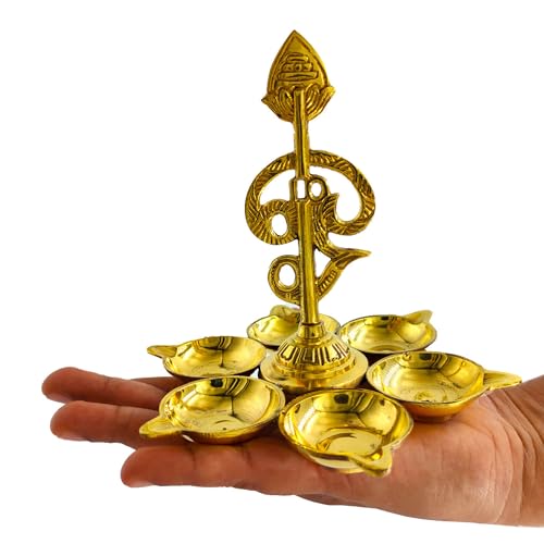 Image of Arumuga Om Vel Vilakku 14 Cm, Murugar Vel Mugam Brass Oil Lamp Diya Set with Vel for Pooja,Temple, Sashti Pooja, Vel Maaral Pooja and Gifting Arumuga Om Vel Vilakku