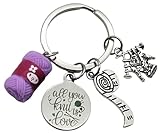Kit's Kiss Knitting Keychain Knitter Gift Sweater Tape Measure Yarn Resin Charm Quilter Crochet Knitting Needles Crafter Keychain Knitting Lover Key Ring, Silver, Purple and Red, 1.2 inches (3 cm)