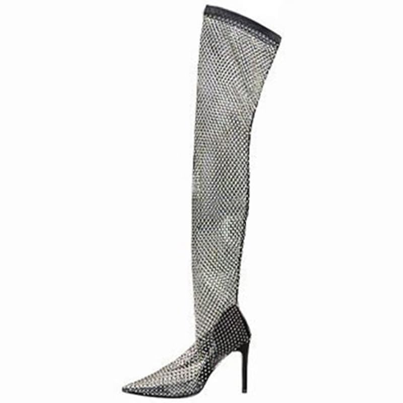Womens Lace Stiletto Overknee Boots Mesh Sexy Stiletto Heel Thigh High Boots 6 Black1
