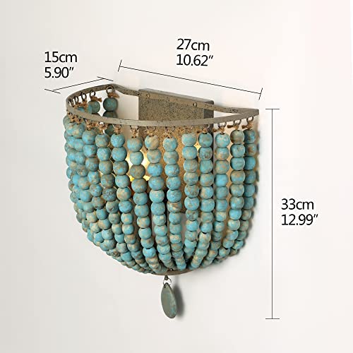 Newrays 2 Pack Vintage Wood Bead Wall Lamp Gray Blue Finishing Retro Antique With Hard Wired For Bedroom Fixtures(Blue) #TOP6