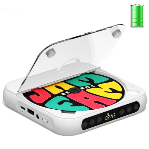 SKYANS Portable CD Player with Bluetooth 5.3, 2000mAh Rechargeable CD Players for Home/Car, Built-in HiFi Speaker, Headphones, LCD Screen, Supports CD/AUX/USB and Repeat Modes, White