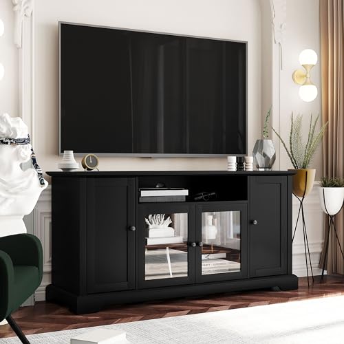 TV Stand for 65" TV: Tall Classic Wood TV Console | Spacious Media Entertainment Center Storage Cabinet with Glass Doors and Adjustable Shelves for Li
