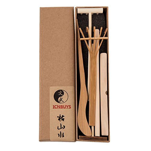 ICNBUYS Professional Mini Zen Garden Rake Tools Set Three rakes One Bamboo Drawing Pen One Pushing Sand Pen