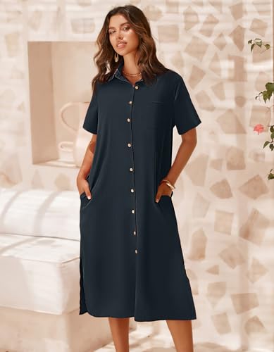 Image of Zeagoo Women Dresses Summer Casual Short Sleeve Button Down Shirt Dresses 2026 Beach Cover Up with Pockets