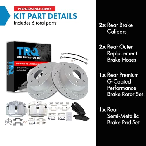 Image of TRQ Performance Rear Brake Pad and Rotor Set Semi Metallic Slotted Drilled Coated Rotors Calipers Compatible with 2000-2001 Chevrolet Tahoe GMC Yukon