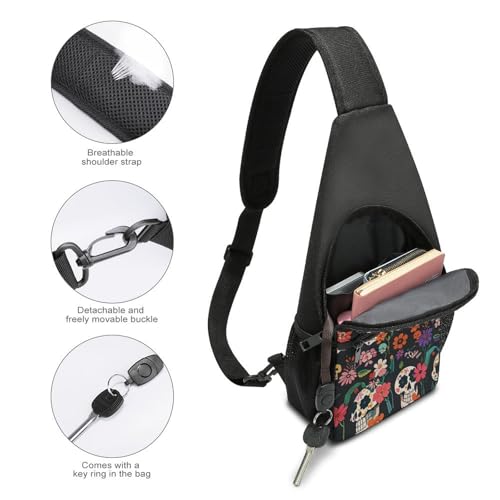 Mochila tipo sling con diseño calavera floral para senderismo miniatura 4