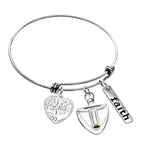 Image of Uloveido Mustard Seed Faith Tree Bangle Bracelet, Stainless Steel, with Glass Charm Bottle Case Y757