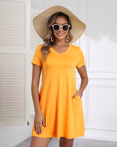 Image of COSSEN Women's Casual T Shirt Dress V-Neck Short Sleeves Swing Dresses Birthday Party Summer Travel Beach with Pocket